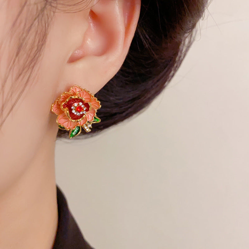 Elegant Zircon Color-Block Petal Stud Earrings – Retro Floral Design