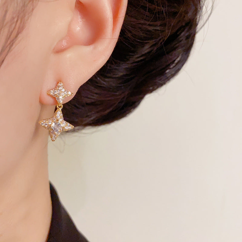 Luxury Full-Zircon Four-Point Star Drop Earrings – Elegant Design