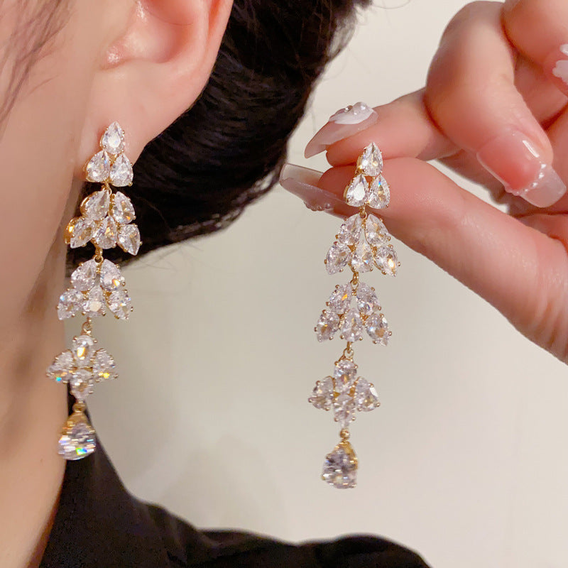 14K Gold Full Zircon Leaf Long Tassel Earrings - Chic Elegance Design