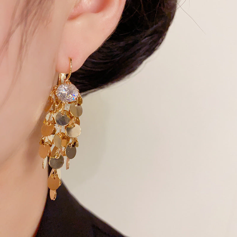 Elegant Zircon Metal Disc Tassel Drop Earrings – Geometric Design