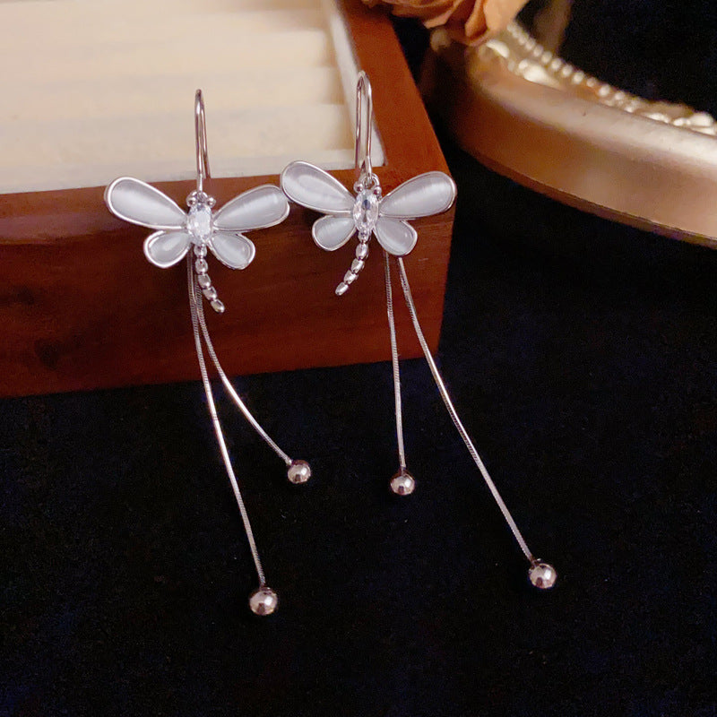 Luxury Zircon Dragonfly Long Tassel Drop Earrings – S925 Silver Needle
