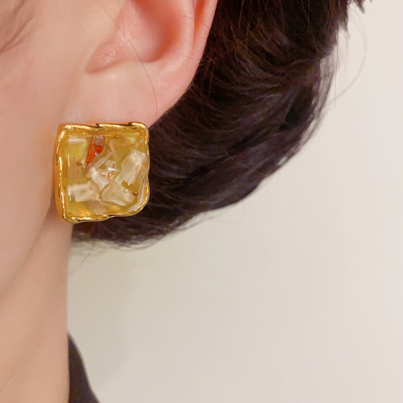 Luxury Resin Square Large Stud Gold Earrings– Elegant Geometric Design