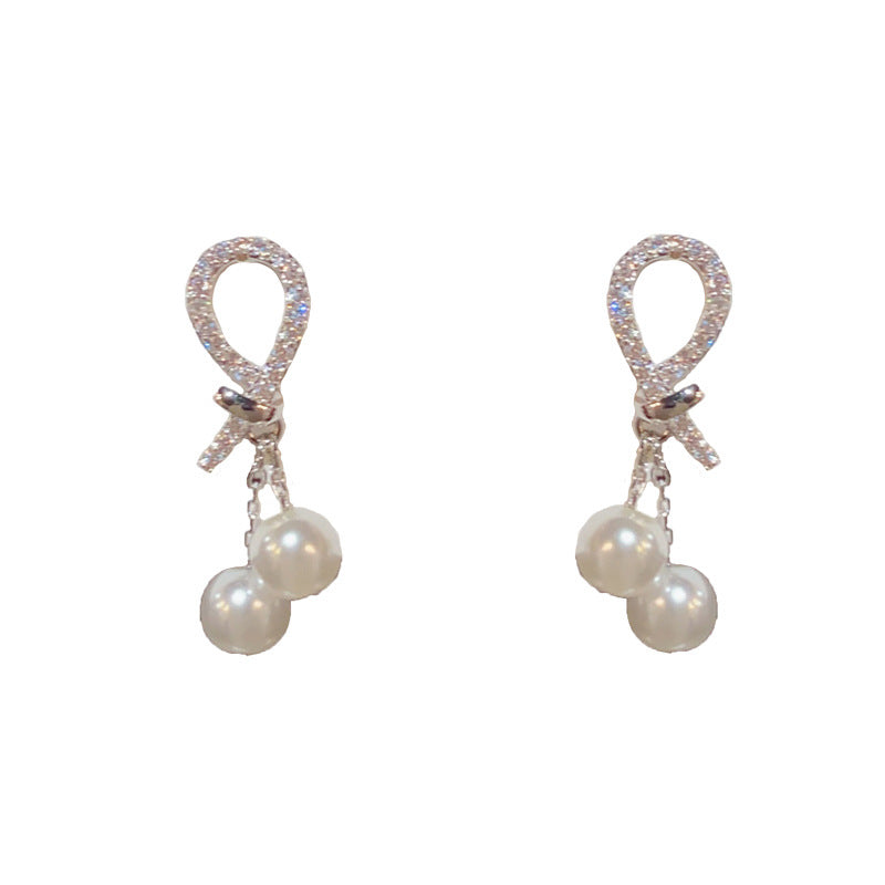 14K Gold-Plated Zircon Knot Pearl Tassel Earrings - Elegant Minimalist