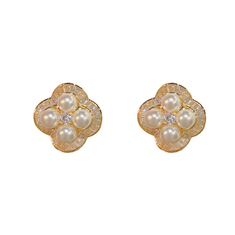 14K Gold-Plated Four-Leaf Flower Pearl Earrings -Elegant Floral Design
