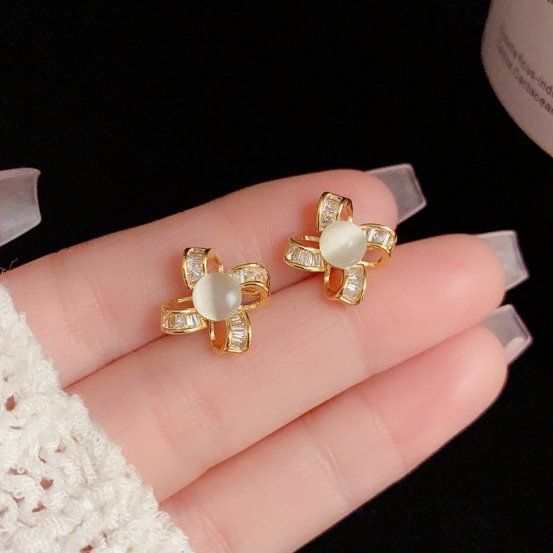 14K Gold Zircon Cat Eye Flower Stud Earrings- Chic Elegance Design
