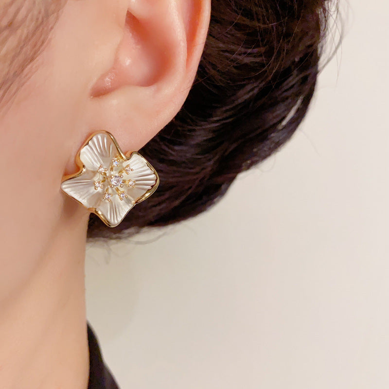 Luxury Zircon Metal Petal Stud Earrings – Floral Design