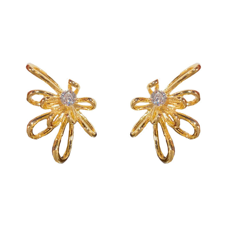 14K Gold-Plated Geometric Hollow Flower Stud Earrings - Elegant Design