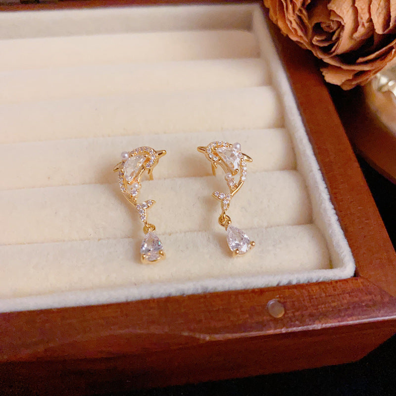 14K Gold Luxury Dolphin Waterdrop Drop Earrings – S925 Silver Needle