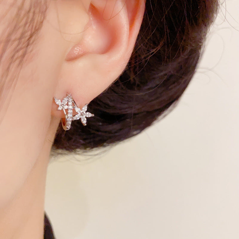 14K Gold Luxury Zircon Butterfly & Flower Earrings – Elegant Design