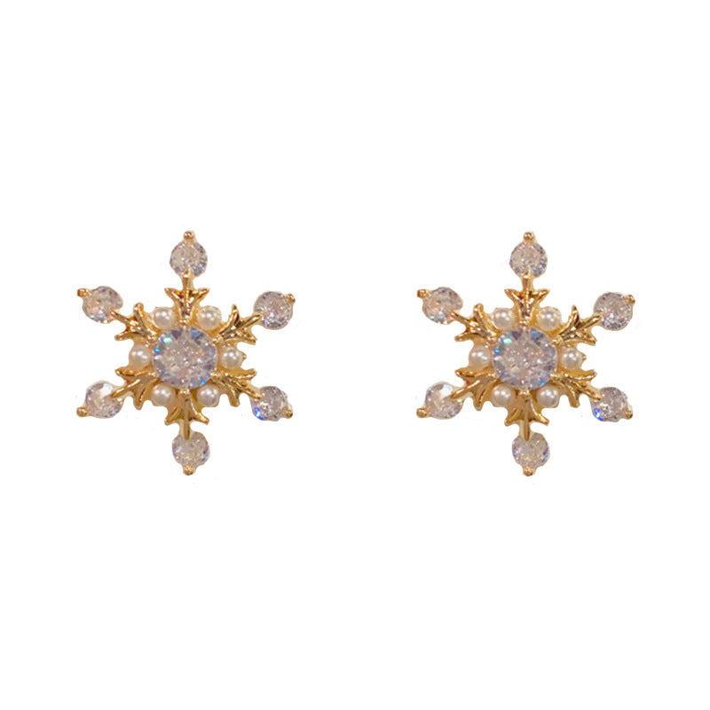 Elegant Full-Zircon Pearl Snowflake Stud Earrings – Sparkle Design