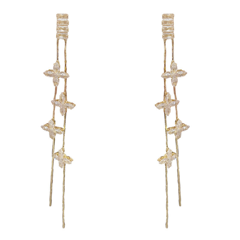 14K Gold Full Zircon Clover Tassel Drop Earrings- Chic Elegance Design