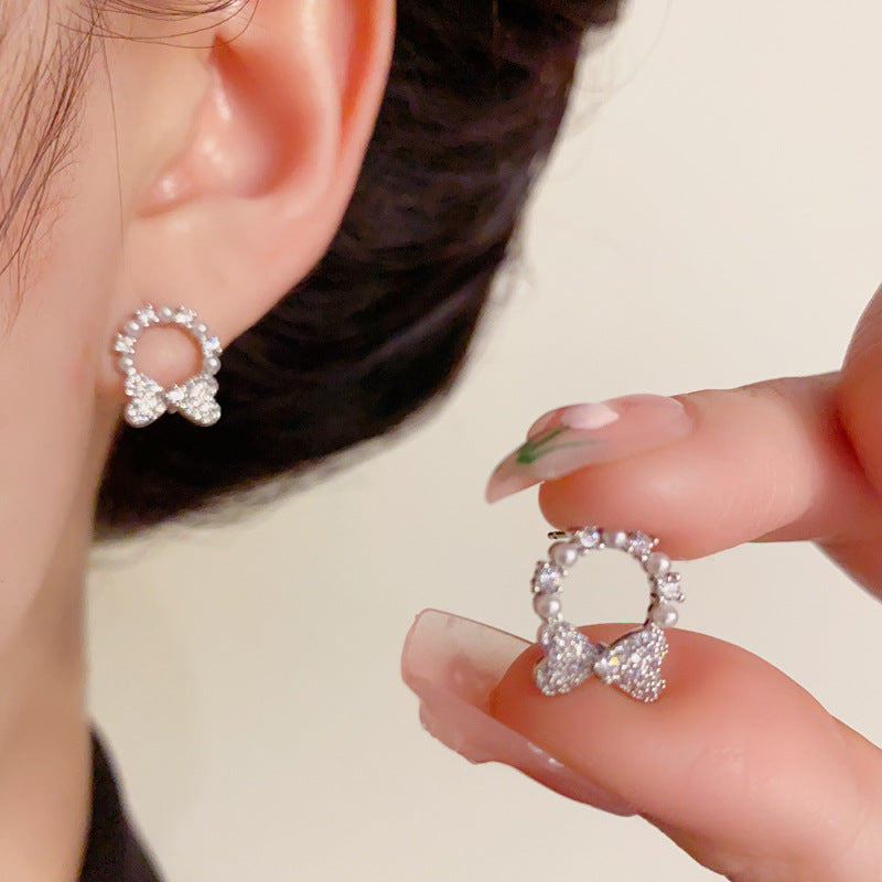 14K Gold-Plated Zircon Pearl Bow Hoop Earrings – Elegant Chic Design