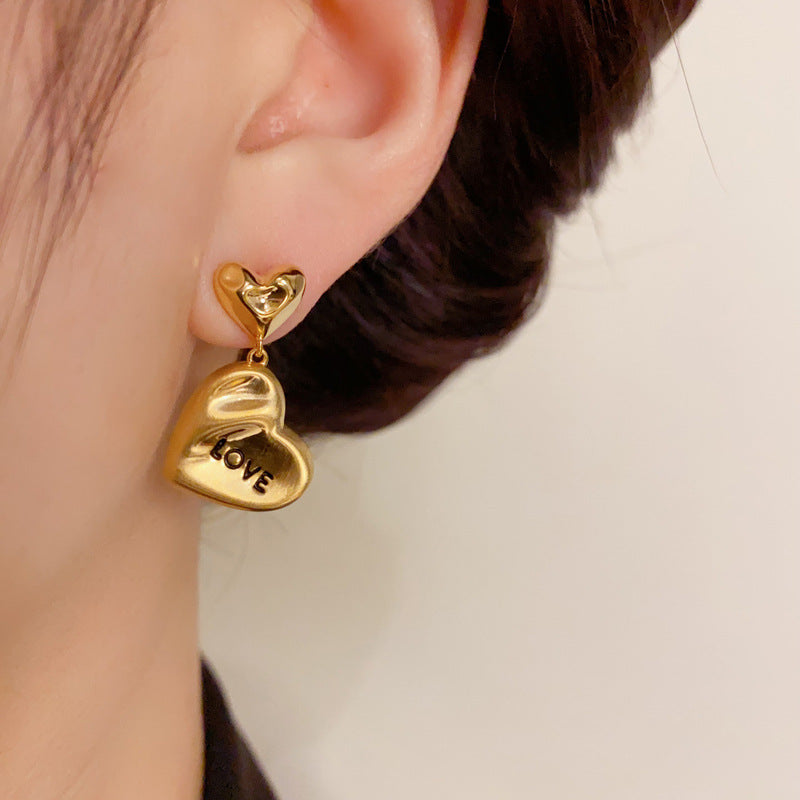 14K Gold-Plated Metal Heart Letter Earrings-Chic French Vintage Design