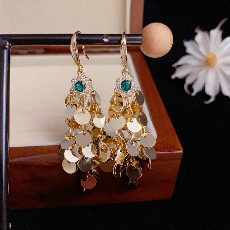 Luxury Zircon Petal Metal Disc Tassel Drop Earrings – Elegant Design