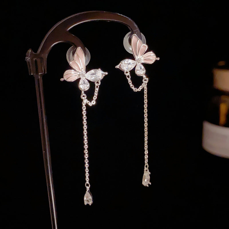 14K Gold-Plated Zircon Butterfly Chain Tassel Earrings– Elegant Design