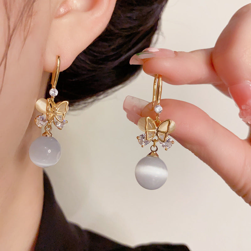 14K Gold-Plated Butterfly Cat’s Eye Stone Drop Earrings – Elegant Chic