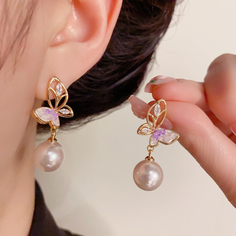 14K Gold-Plated Hollow Butterfly Pearl Drop Earrings – Elegant Design