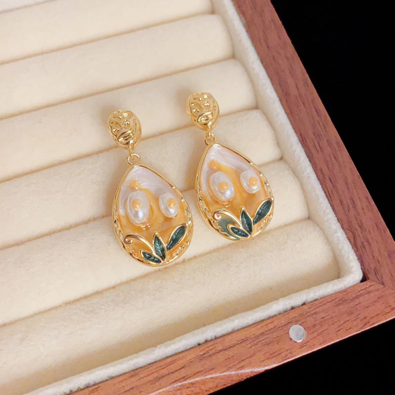 Eaioncol Enamel Painted Flower Pearl Drop Earrings Gold