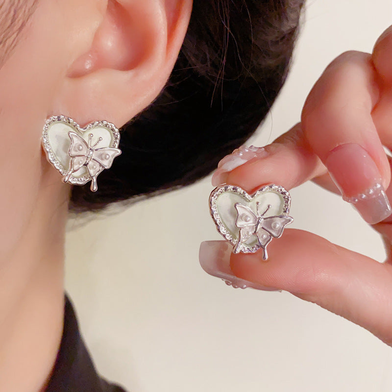 Luxury Silver-Coated Heart Butterfly Stud Earrings – Elegant Design