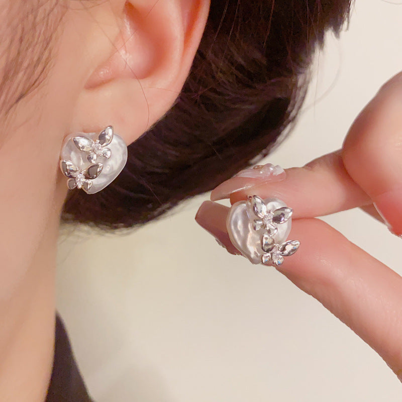 Elegant Thick Silver Butterfly & Heart Stud Earrings – Silver Needle