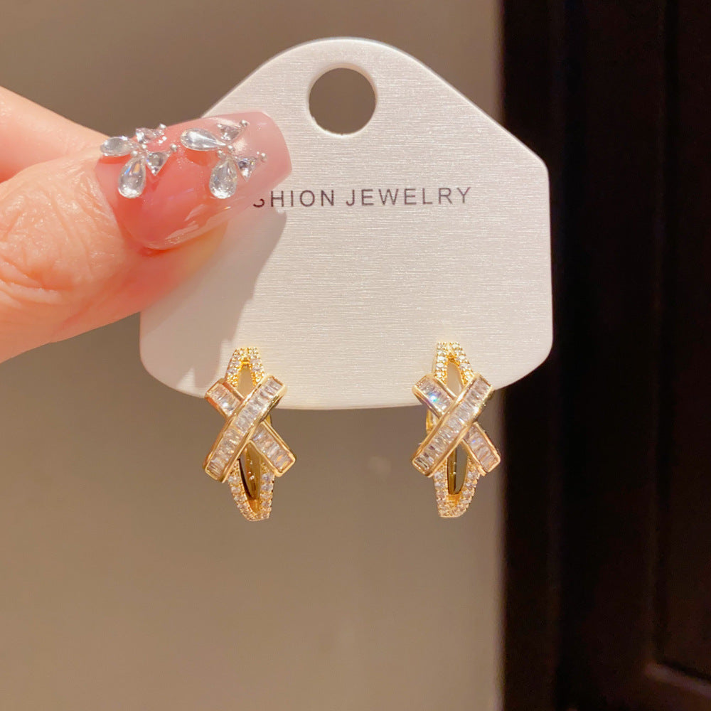 Eaioncol Cross CZ Hoop Earrings 14K Gold Plated Silver