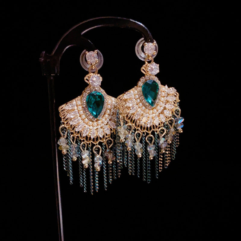 Elegant Zircon Fan-Shaped Tassel Drop Earrings – Geometric Design