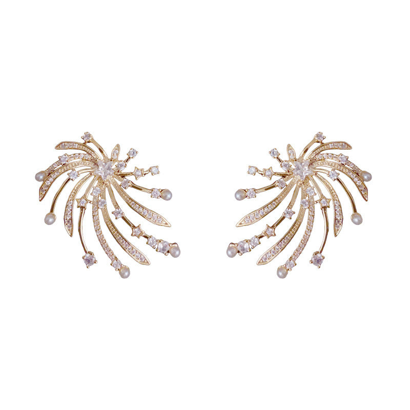 Minimalist Zircon Firework & Pearl Gold Earrings – Geometric Design