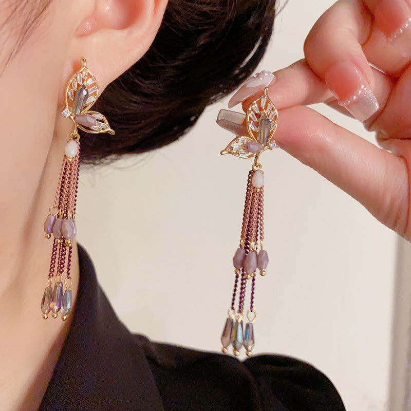 Luxury Butterfly Beaded Tassel Drop Earrings – Elegant Design