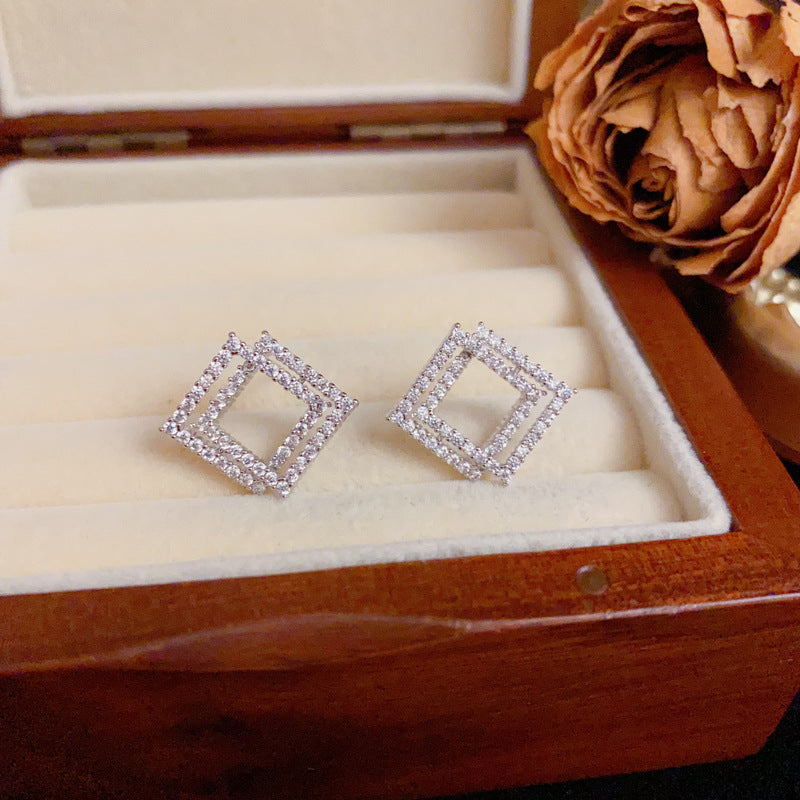 Zircon Double-Layer Diamond-Shaped Stud Earrings – Geometric Design