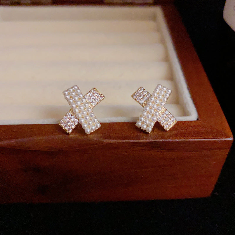 14K Gold-Plated Zircon Cross Pearl Stud Earrings – Elegant Design