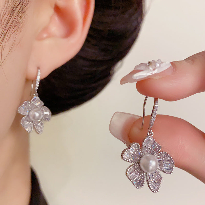 14K Gold Zircon Flower Pearl Hook Earrings – Elegant French Style