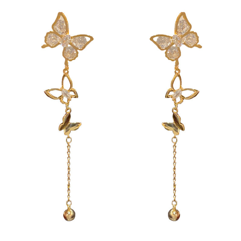 14K Gold-Plated Zircon Butterfly Tassel Earrings – Elegant Design