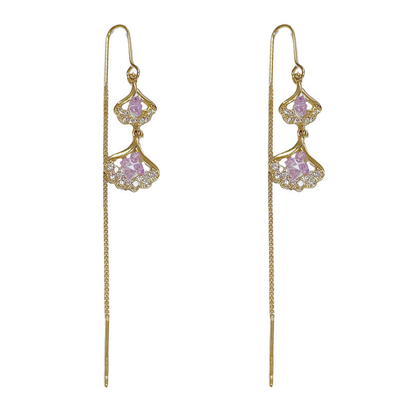 14K Gold Purple Ginkgo Leaf Tassel Earrings - Chic Elegance Design