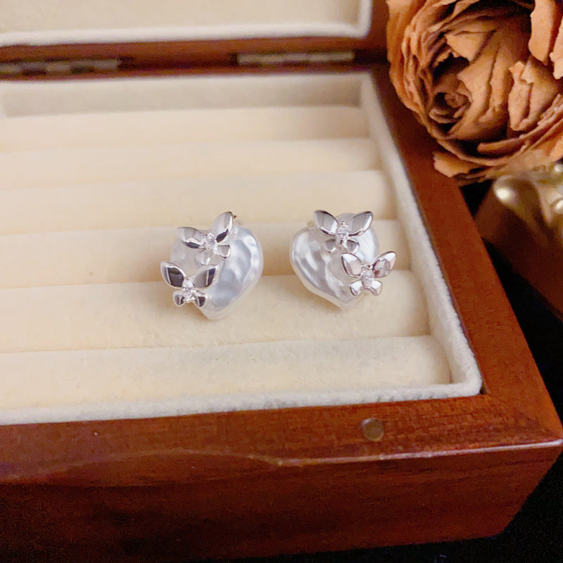 Elegant Thick Silver Butterfly & Heart Stud Earrings – Silver Needle