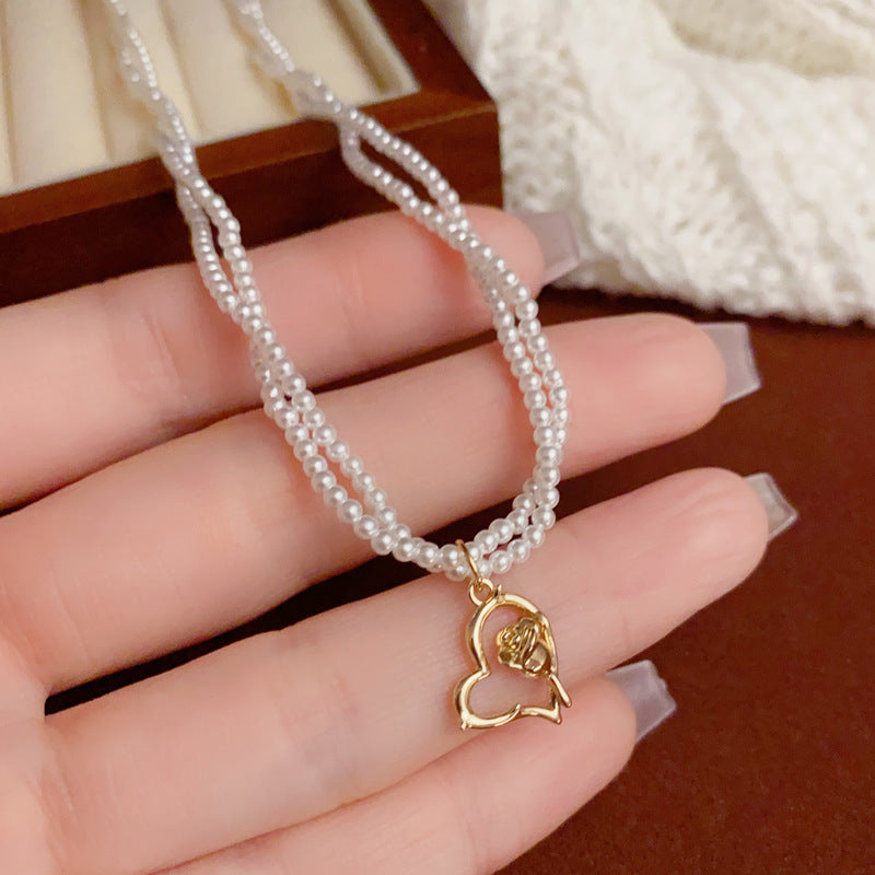 14K Gold-Plated Double Layer Pearl Heart Necklace – Minimalist Design