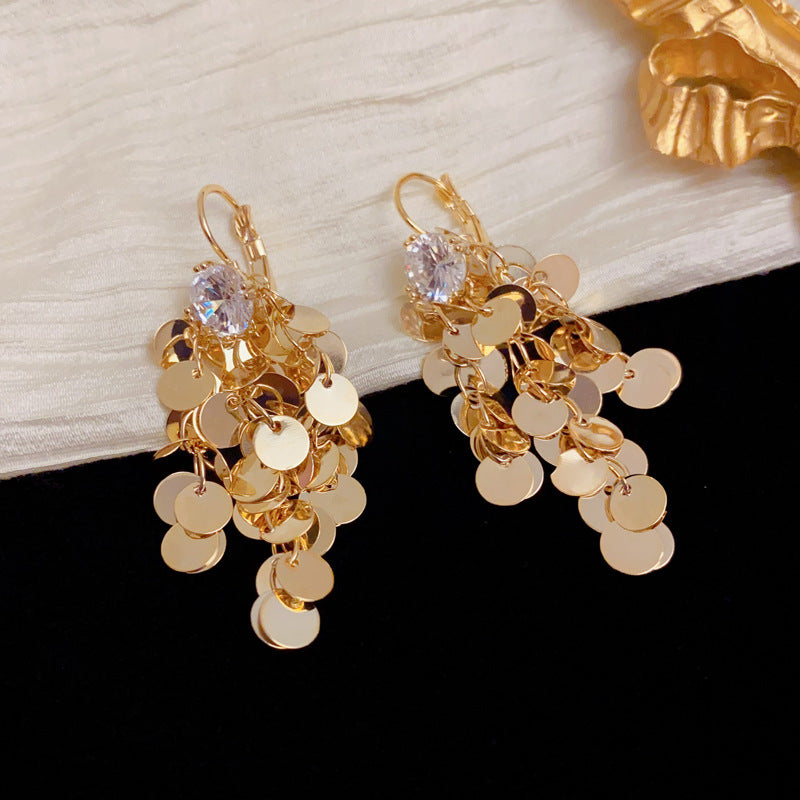 Elegant Zircon Metal Disc Tassel Drop Earrings – Geometric Design