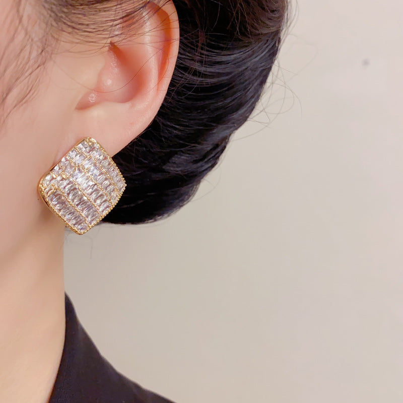 Eaioncol Full CZ Rhombus Stud Earrings Gold Silver