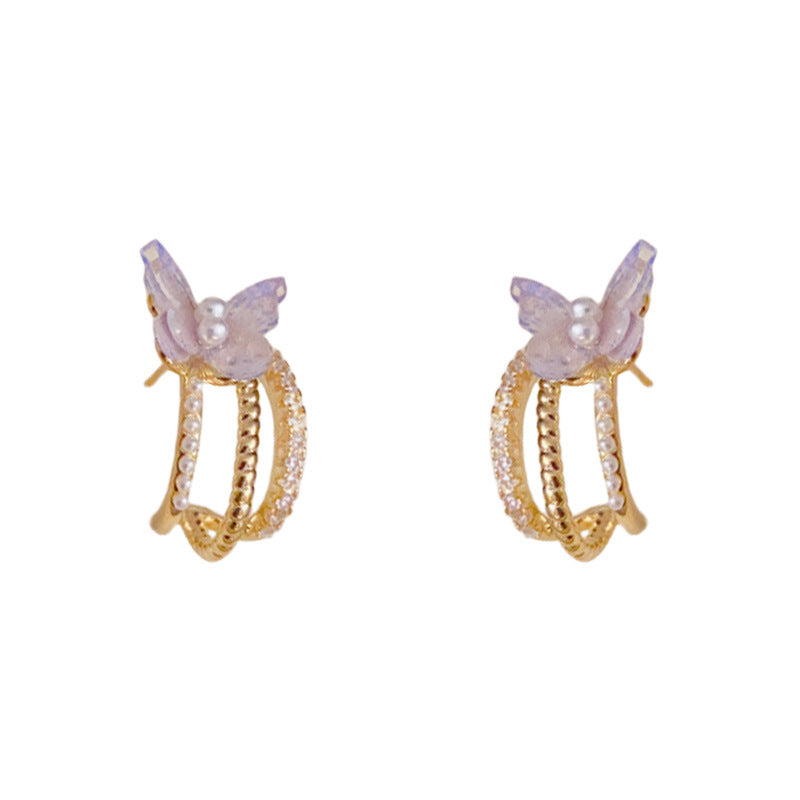 14K Gold Zircon & Pearl Purple Butterfly Hoop Earrings– Elegant Design