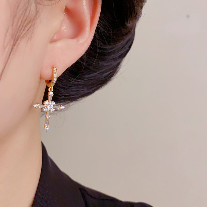 Gold Cross Huggie Earrings – Cubic Zirconia Clicker Hoops for Women