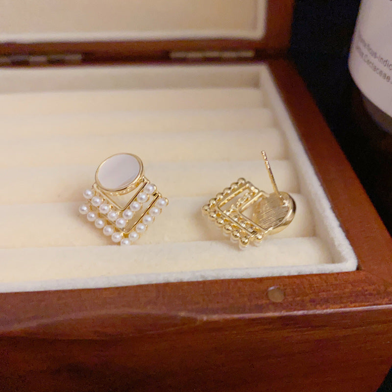 14K Gold-Plated Mother-of-Pearl Diamond Stud Earrings – Elegant Design