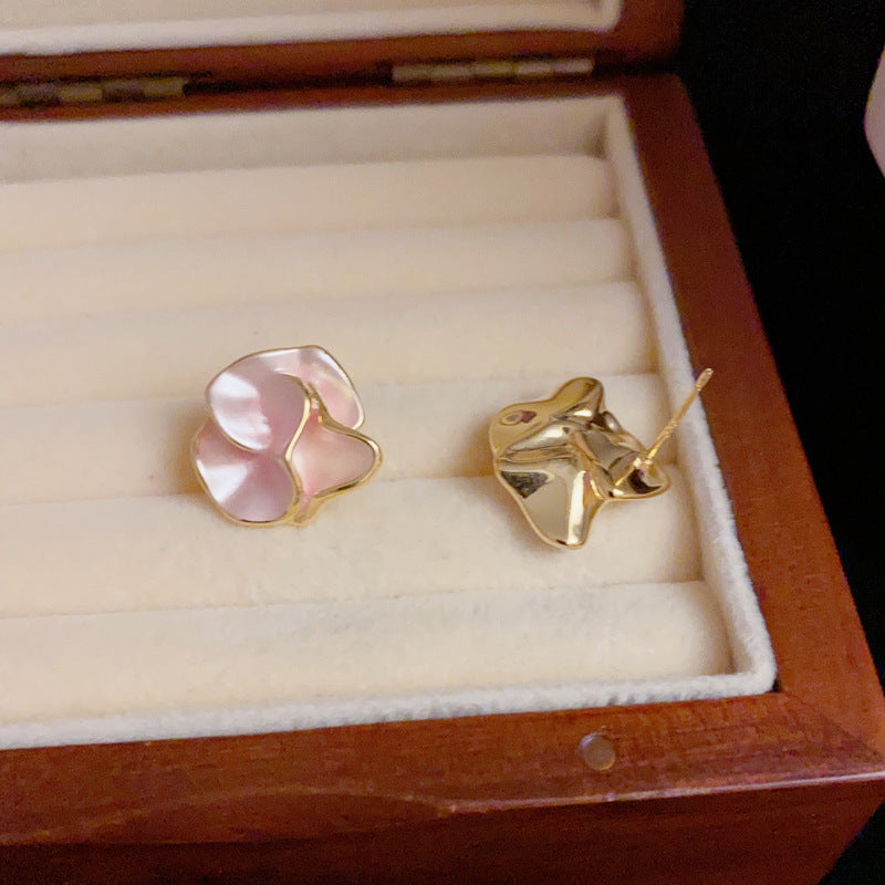 14K Gold French-Style Pink Camellia Stud Earrings – Elegant Design