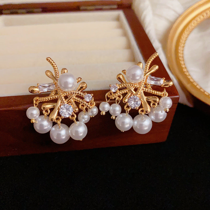 Elegant Zircon & Irregular Pearl Drop Earrings – Geometric Design