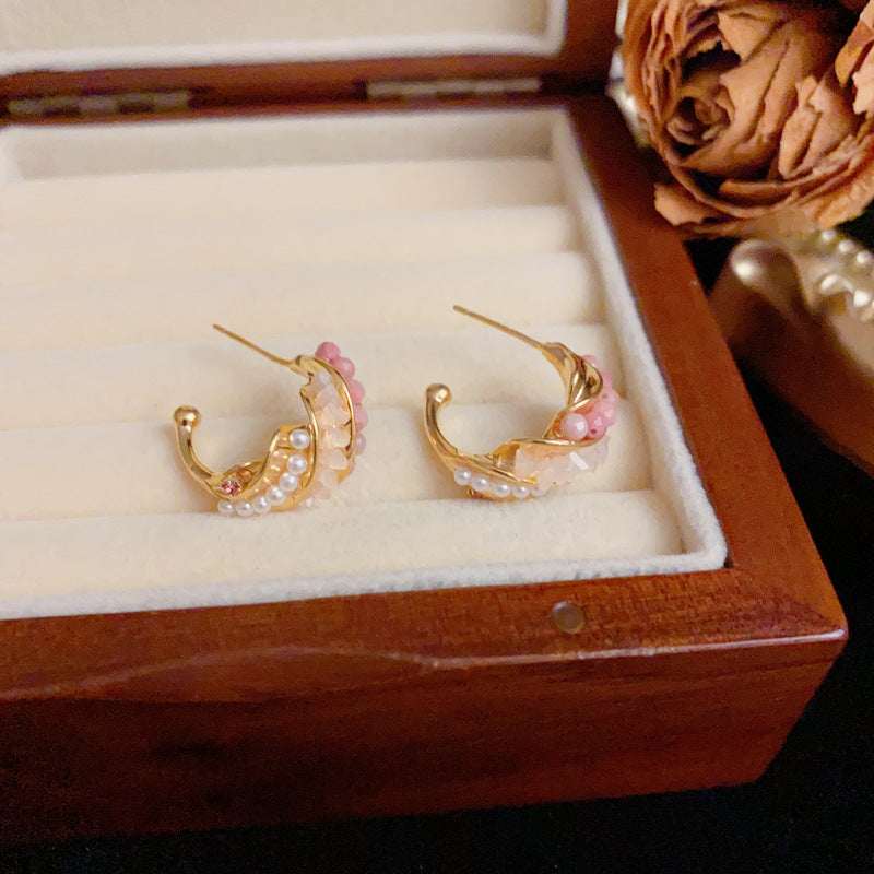 Minimalist Crystal & Pearl Spiral Hoop Earrings – S925 Silver Needle