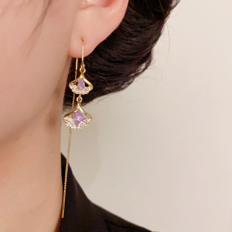 14K Gold Purple Ginkgo Leaf Tassel Earrings - Chic Elegance Design