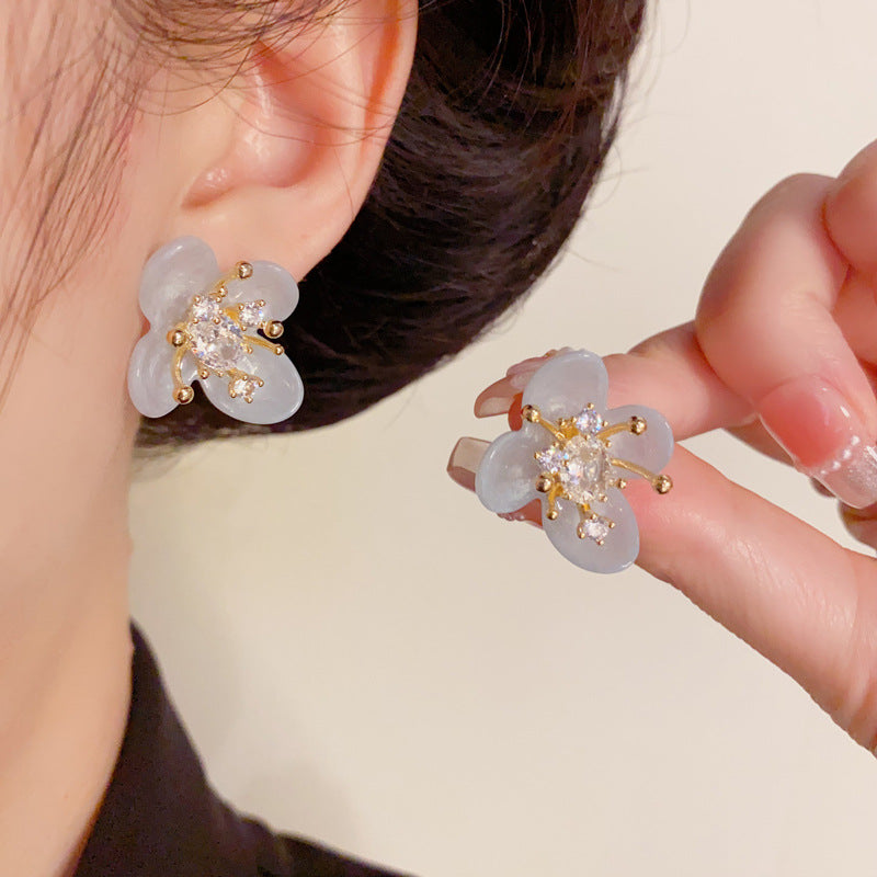 Elegant Blue Zircon Flower Petal Stud Floral Earrings – Silver Needle