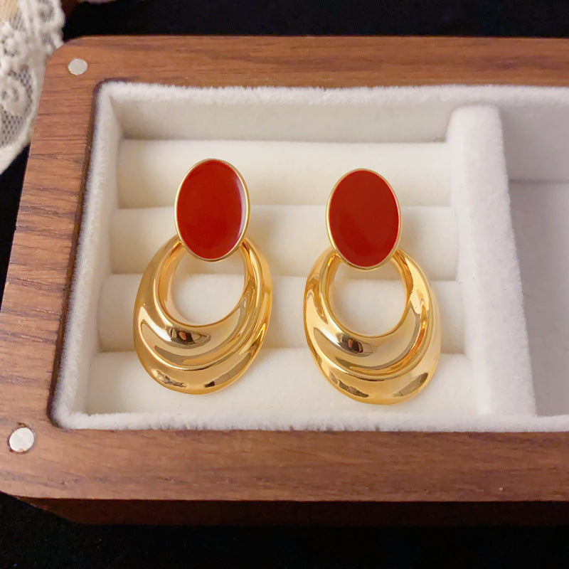 Luxury 18K Red Enamel Oval Drop Earrings – Minimalist Design