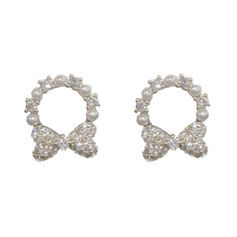 14K Gold-Plated Zircon Pearl Bow Hoop Earrings – Elegant Chic Design