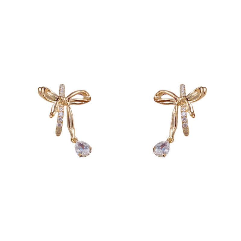 Luxury Zircon Metal Bow & Droplet Earrings – Elegant Design
