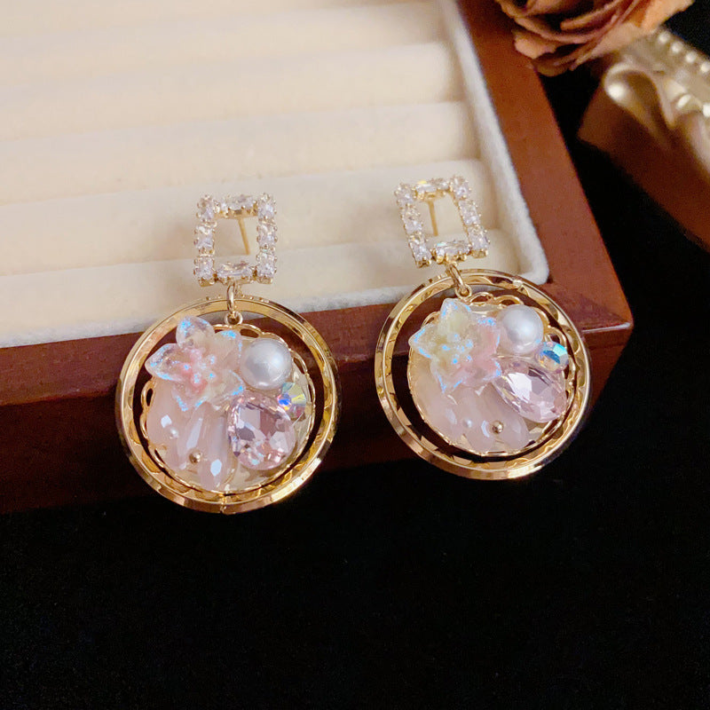 Elegant Zircon Petal Round Ring Drop Gold Earrings – Geometric Design