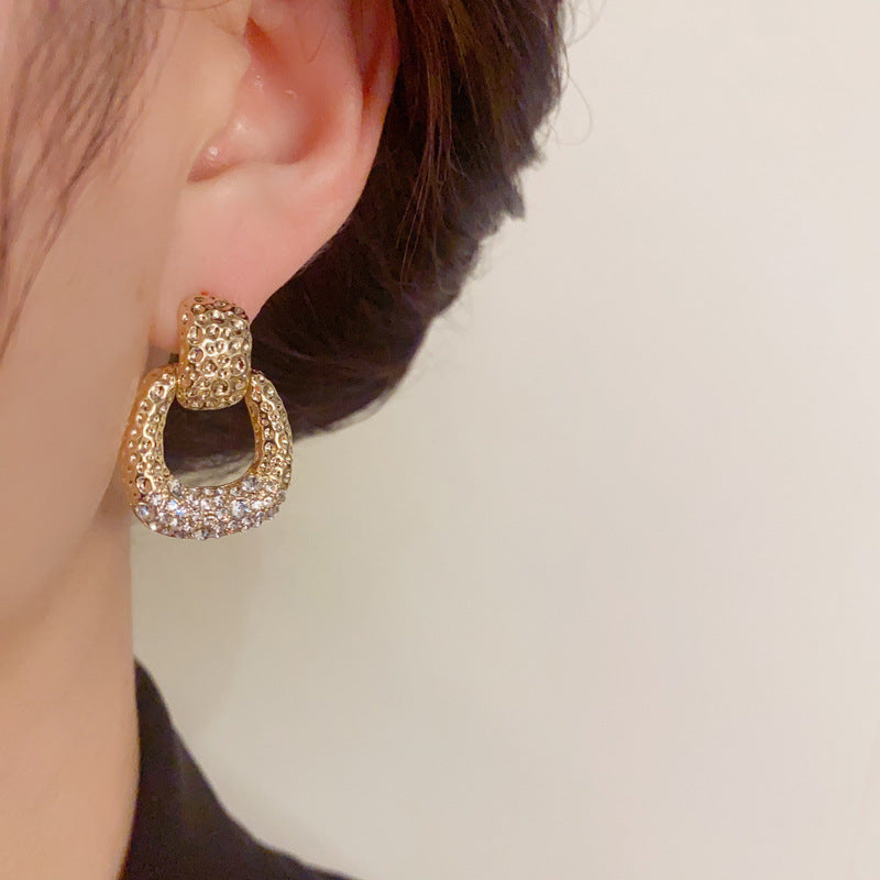 14K Gold-Plated Metal Diamond-Studded Square Earrings - Retro Elegance